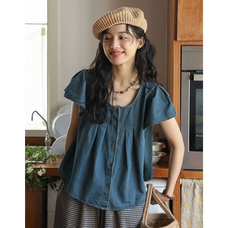 Summer shirt for women loose small flying sleeves thin denim shirt temperament temperament design top