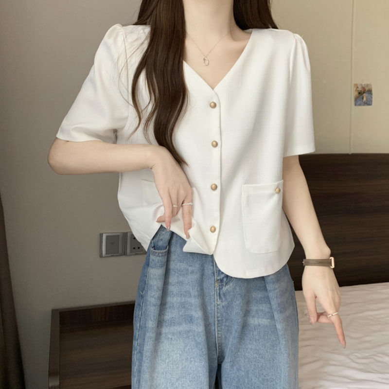 Temperamental small fragrance collar short-sleeved shirt for women in summer loose thin plaid suit top